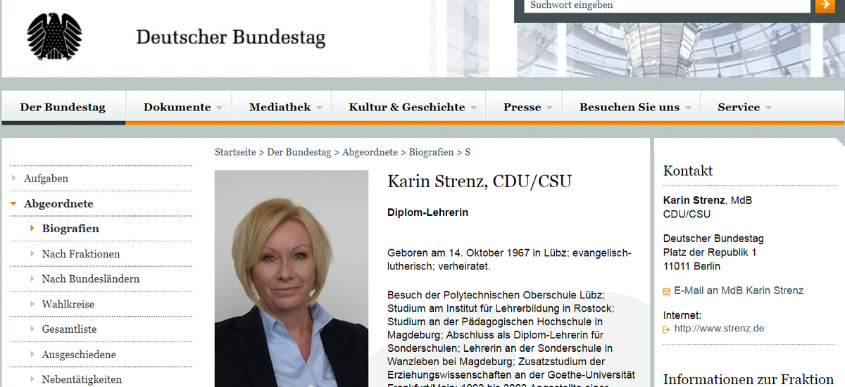 Bundestagsseite Karin Strenz (Abbild vom 4.10.2016)
