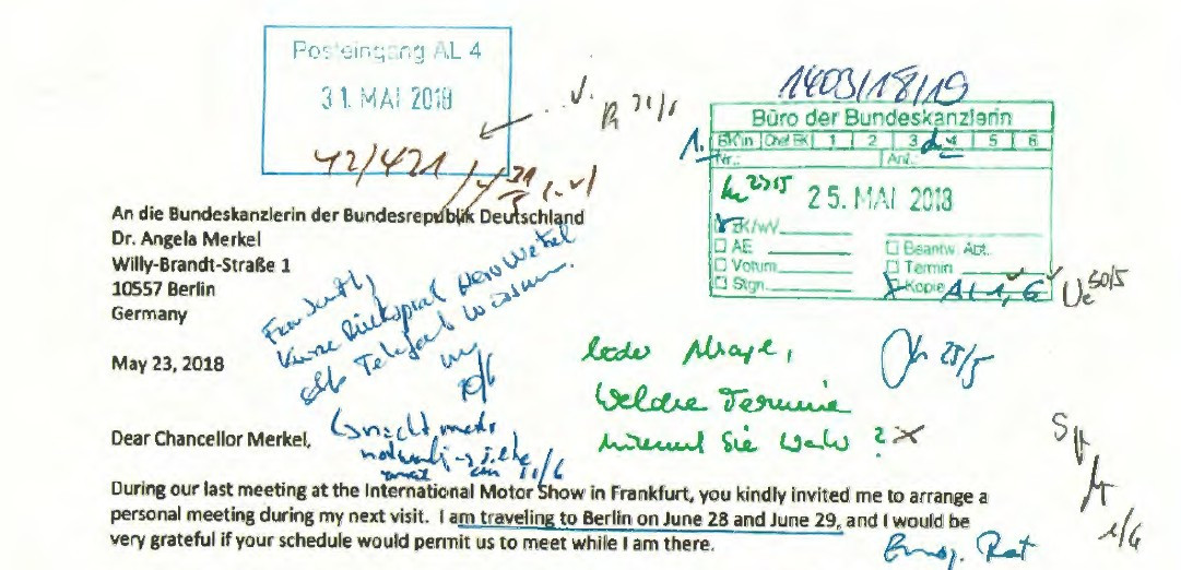 Ausriss des Sandberg-Briefes an Kanzlerin Merkel mit handschriftlicher Notiz: "Leider Absage"