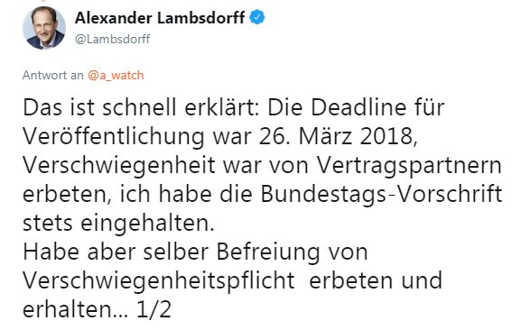 Lambsdorff-Tweet: Habe aber selber Befreiung von Verschwiegenheitspflicht erbeten und erhalten...
